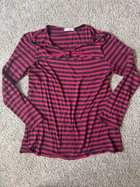 Striped Long-Sleeve Women's Top in Burgundy and Black Cutout Above Chest 3XL